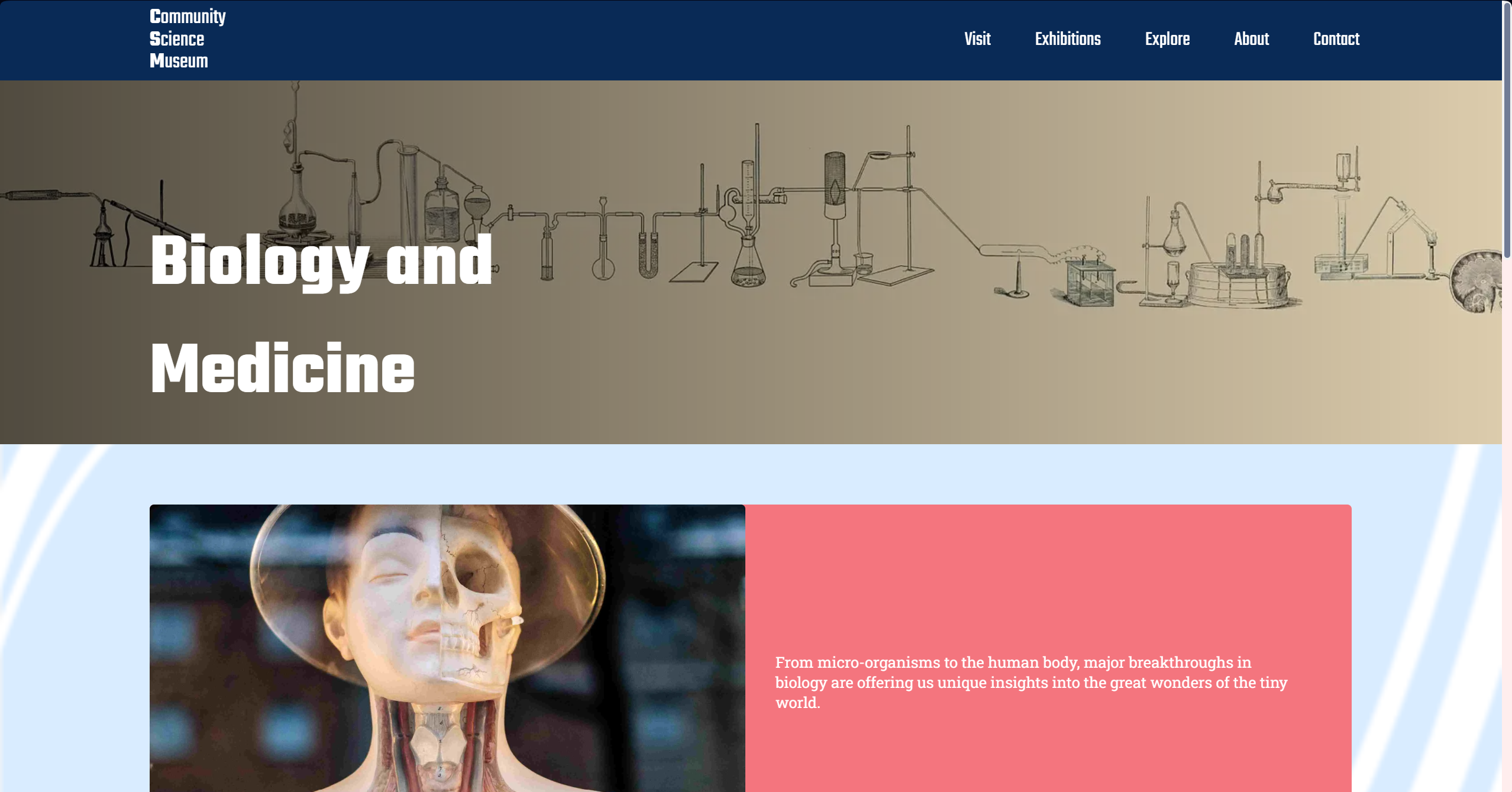 A Screenshot of the PC version of a website called 'Community Science Museum', featuring the websites exhibition 'Biology and Medicine' page. The text on the interface describes the focus of the museum on biology and medicine, from micro-organisms to the human body, highlighting major breakthroughs in the field.