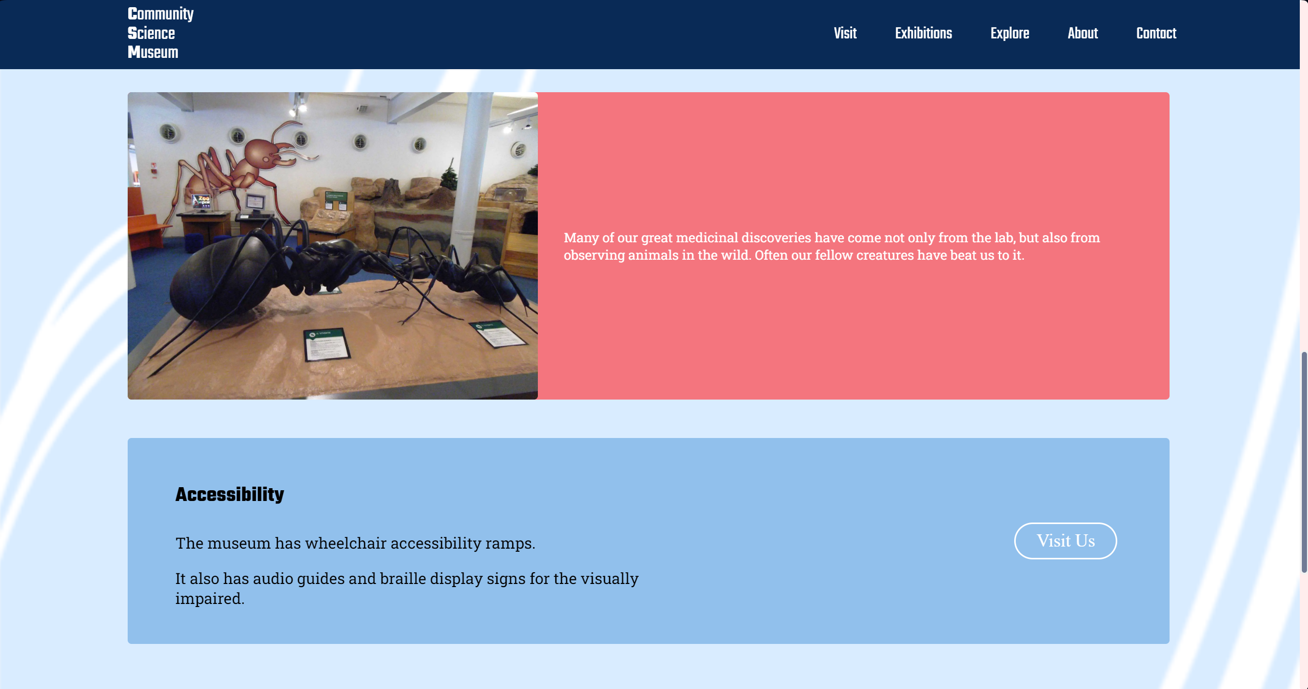 A Screenshot of the PC version of a website called 'Community Science Museum', featuring the websites exhibition 'Biology and Medicine' page. It has a texbox with a image with information that involves biology and medicine. underneath the textbox is another textbox, with information about the Museums accessibility.