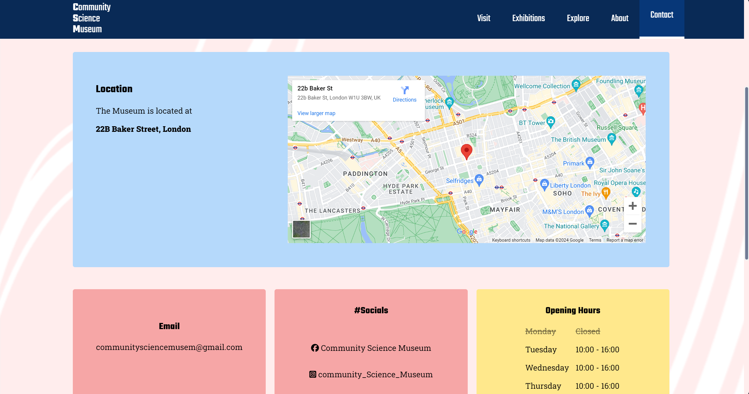 A Screenshot of the PC version of a website called 'Community Science Museum', featuring the websites 'Contact Us' page. The webpage includes information about its location, opening hours, contact details, and nearby landmarks.