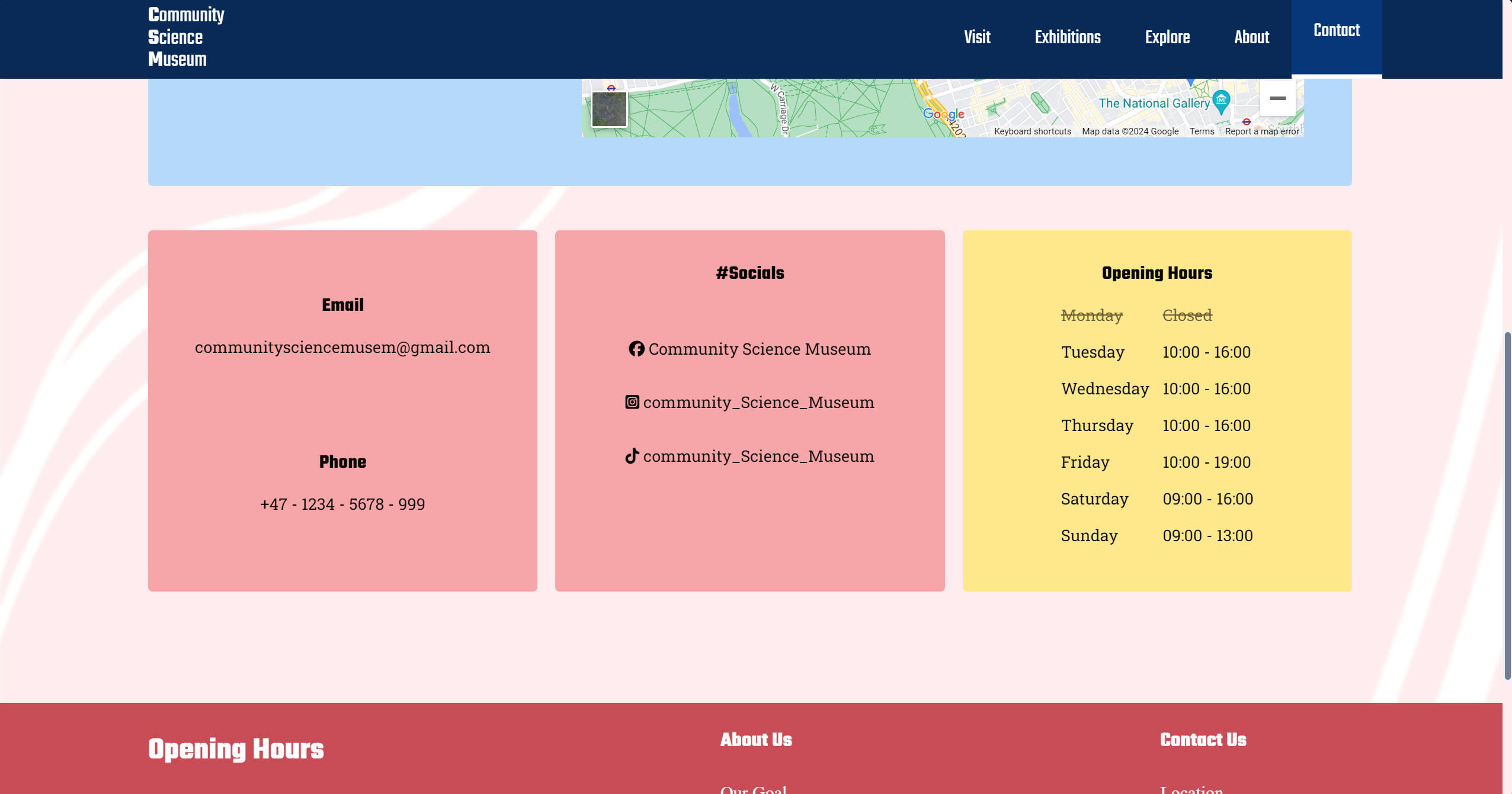 A Screenshot of the PC version of a website called 'Community Science Museum', featuring the websites 'Contact Us' page. The webpage includes information about the museums opening hours, contact details, and social media handles. It also mentions the museum's address and email for inquiries. The image might contain a chart, timeline, and treemap chart along with various text elements related to the museum.