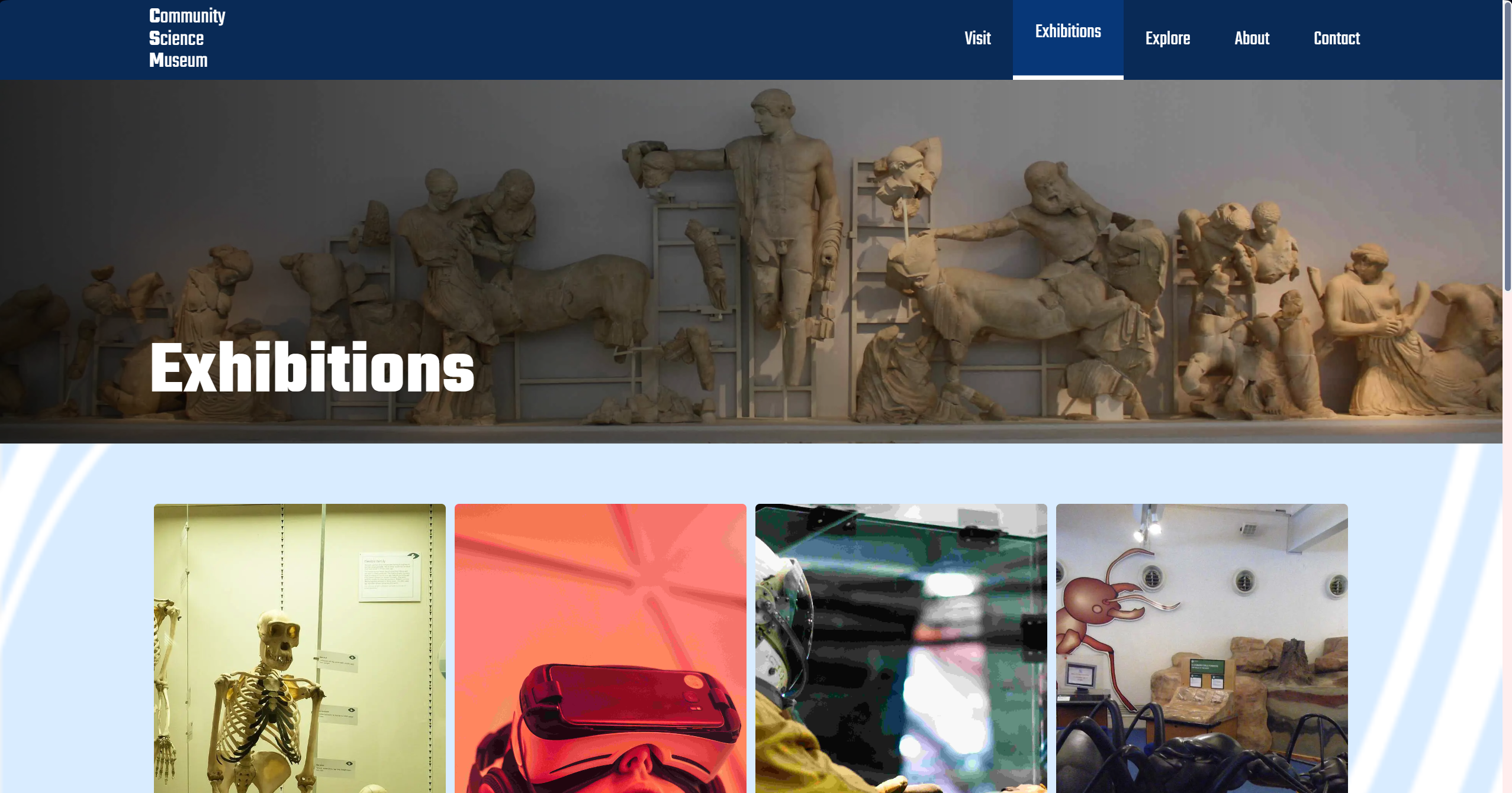 A Screenshot of the PC version of a website called 'Community Science Museum', featuring the websites 'Exhibitions' page. The website features various sections such as Evolution, Robotics and AI, Cosmology, Ecology, Biology and Medicine, and more.