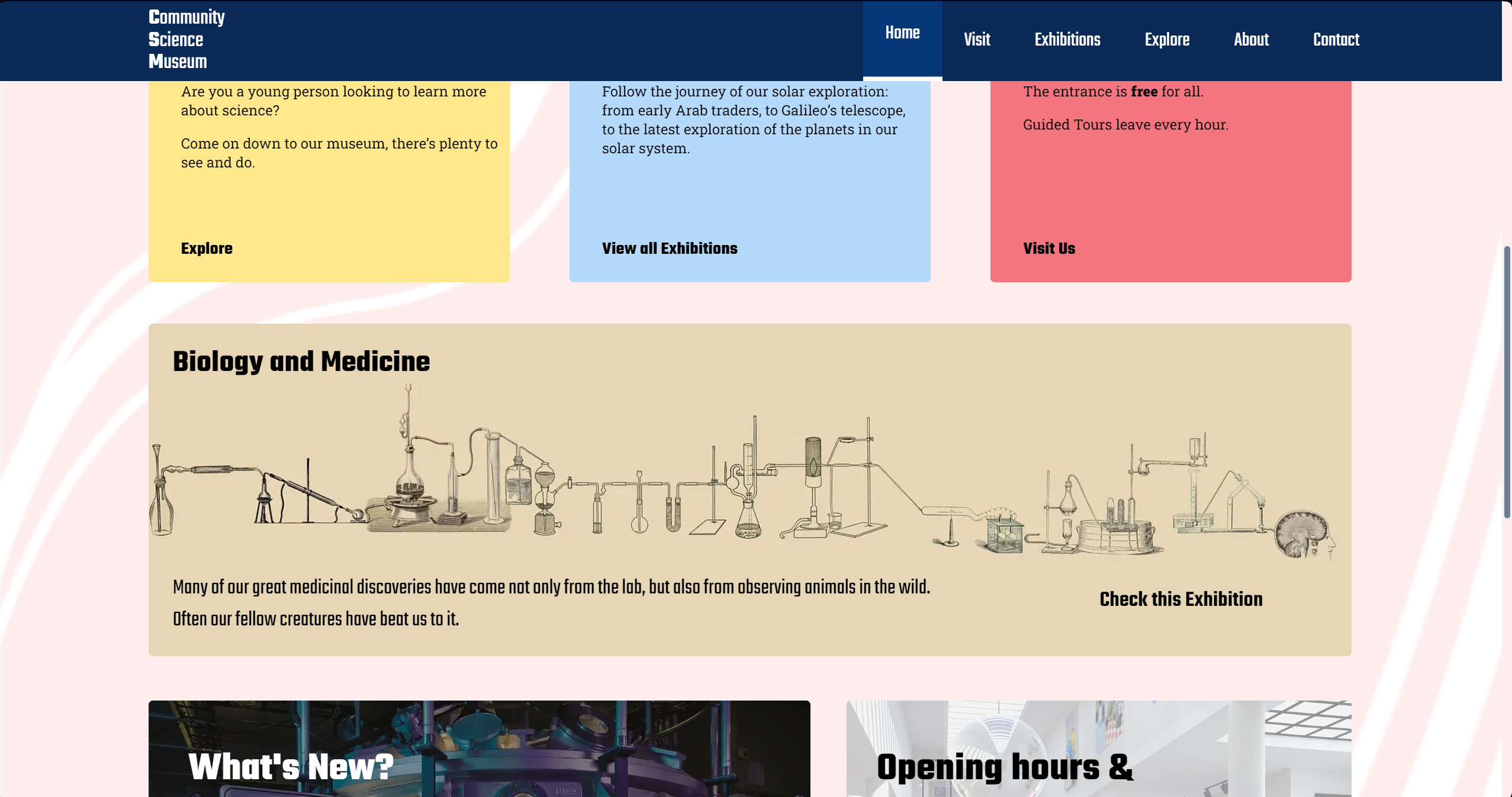 A Screenshot of the PC version of a website called 'Community Science Museum', featuring the websites homepage. It includes information about the museum, exhibitions, guided tours, and the exploration of science, particularly focusing on biology and medicine. The website offers free entrance and invites young people to learn more about science through various exhibits and exploration opportunities.