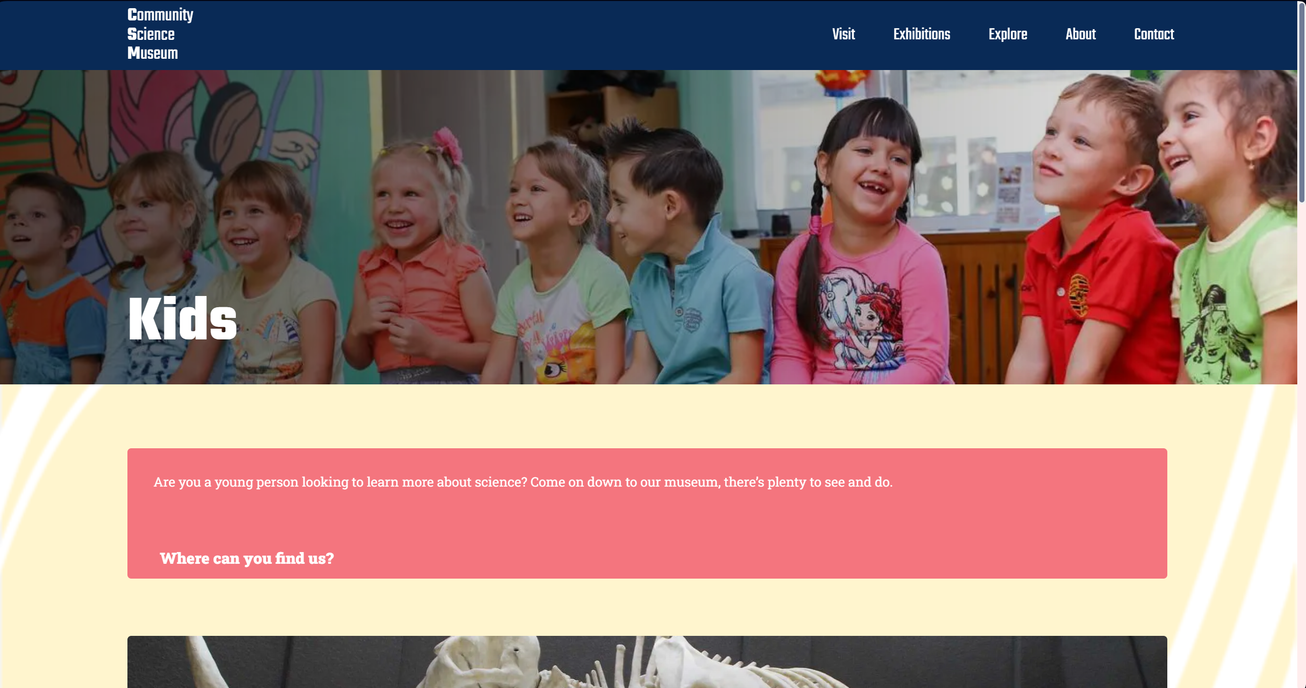 A Screenshot of the PC version of a website called 'Community Science Museum', featuring the websites 'Kids' page. It also includes a message inviting young people to visit the museum to learn more about science.