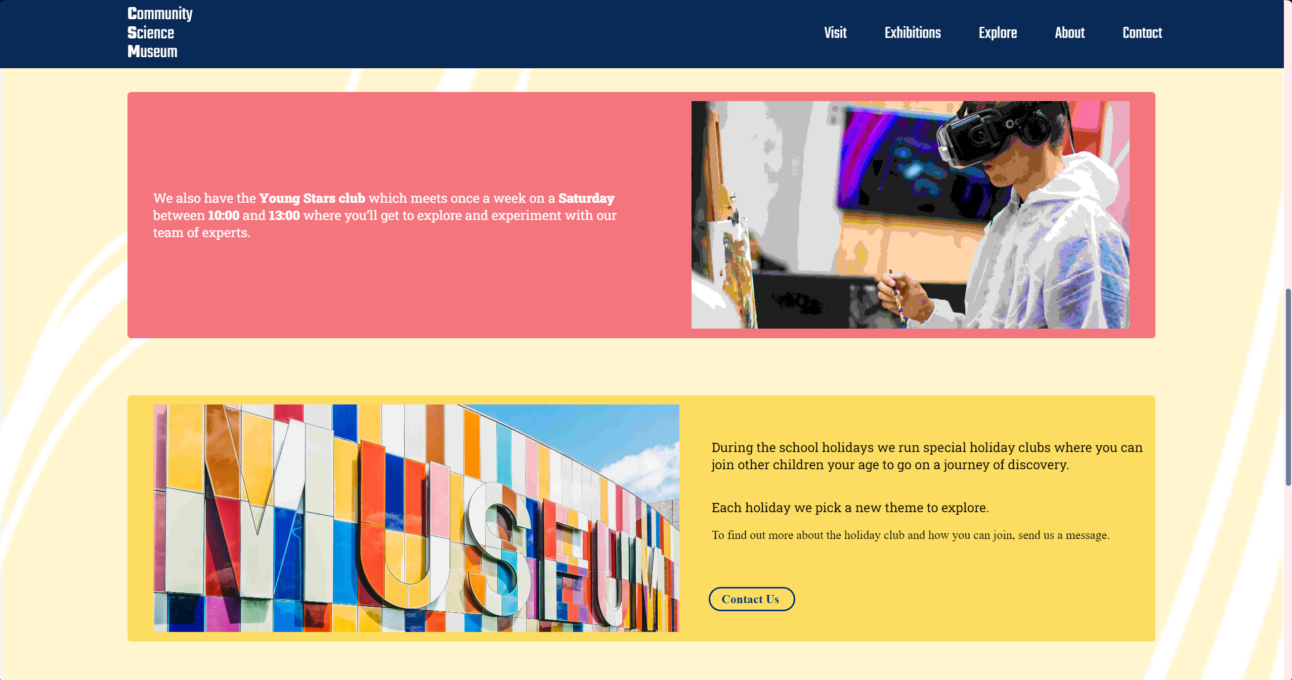 A Screenshot of the PC version of a website called 'Community Science Museum', featuring the websites 'Kids' page. It shows information about the museum's programs such as the Young Stars club, holiday clubs, and how to contact them for more information. The website also mentions exploring, experimenting, and going on a journey of discovery with experts and other children.