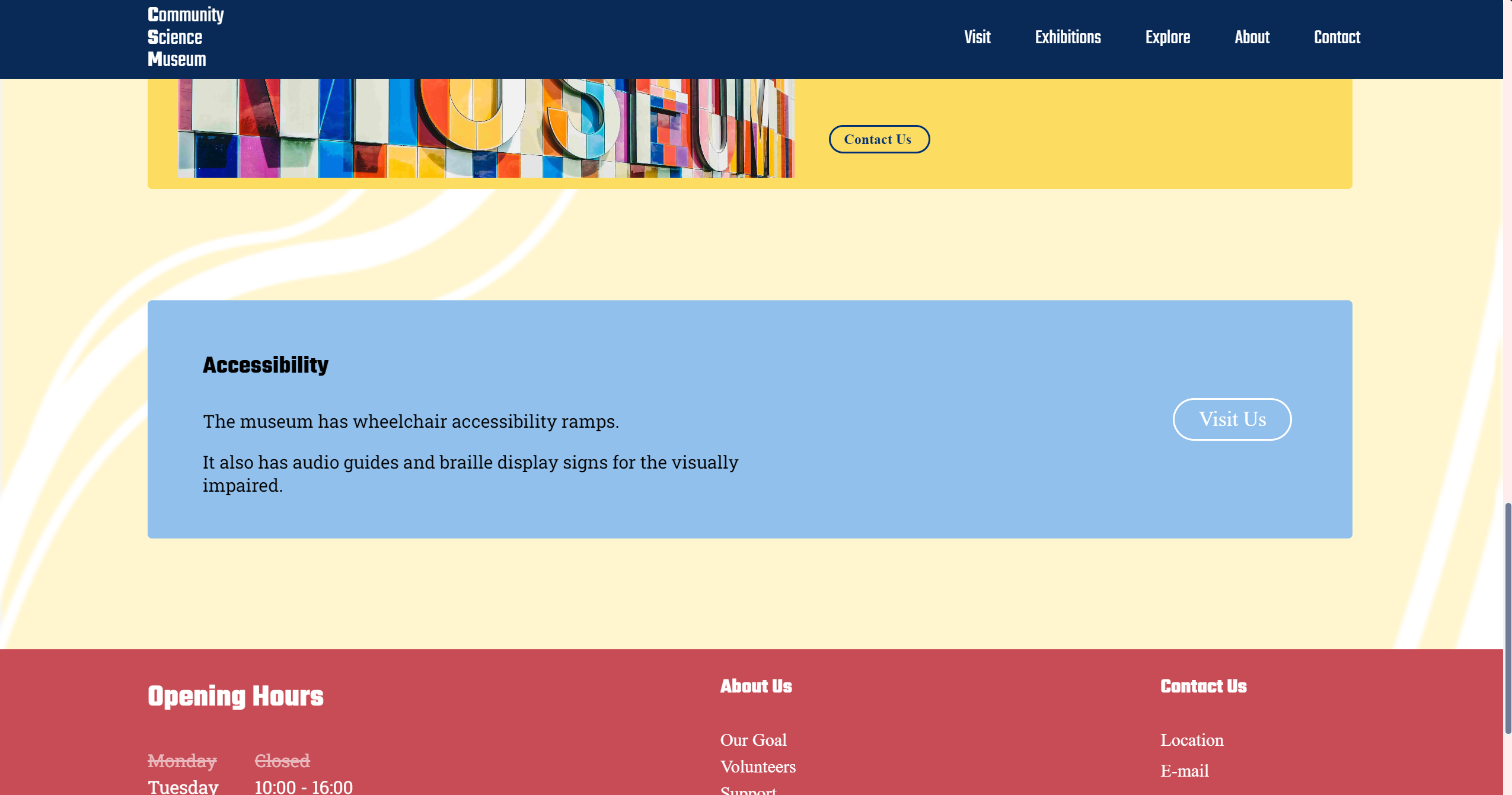 A Screenshot of the PC version of a website called 'Community Science Museum', featuring the websites 'Kids' page. The screenshot shows us a blue textbox with information about the Museums accessibility.