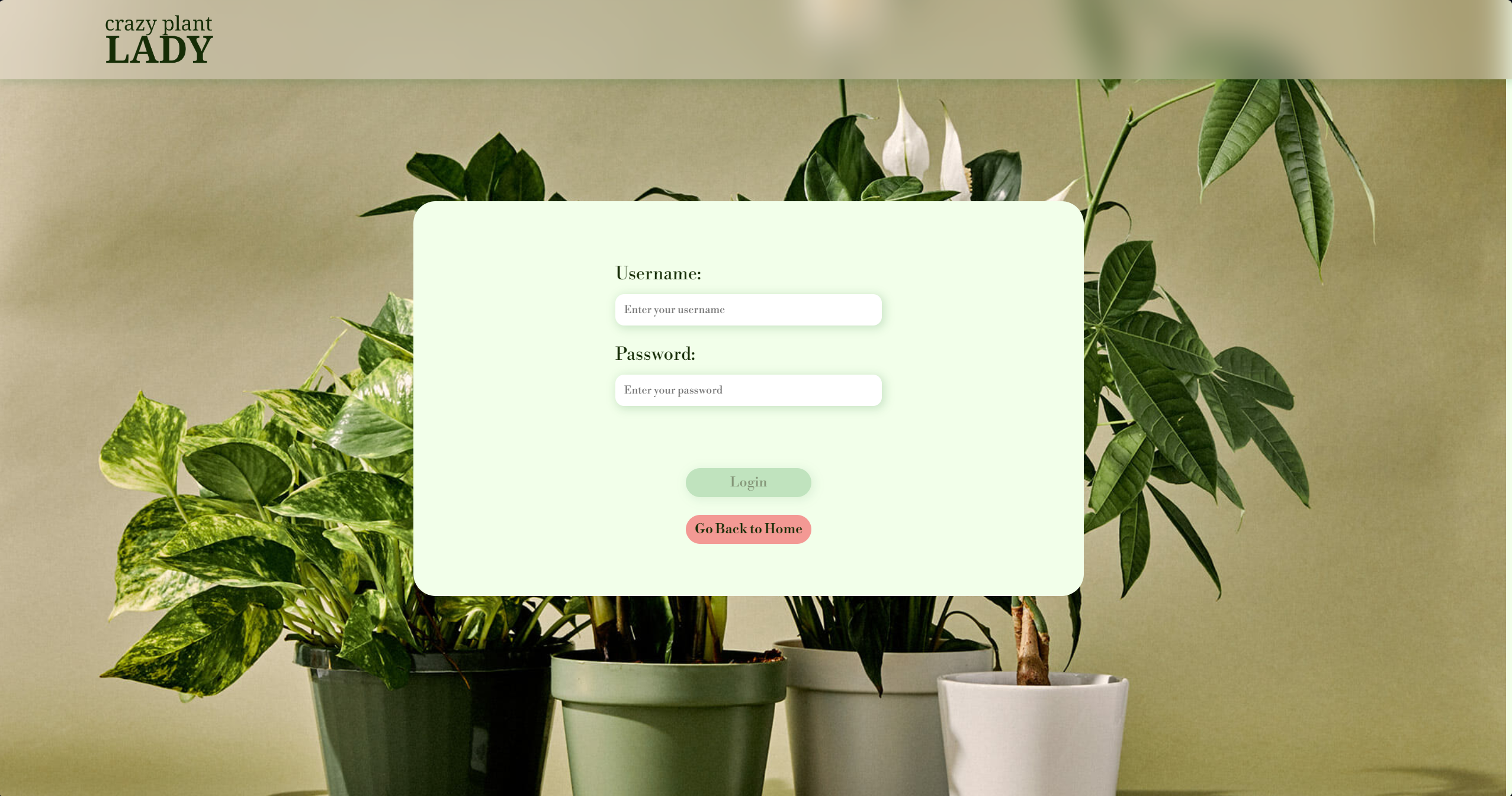 A Screenshot of the PC version of a website called 'Crazy Plant Lady', featuring a banner with various potted plants and a central textbox with a login form.