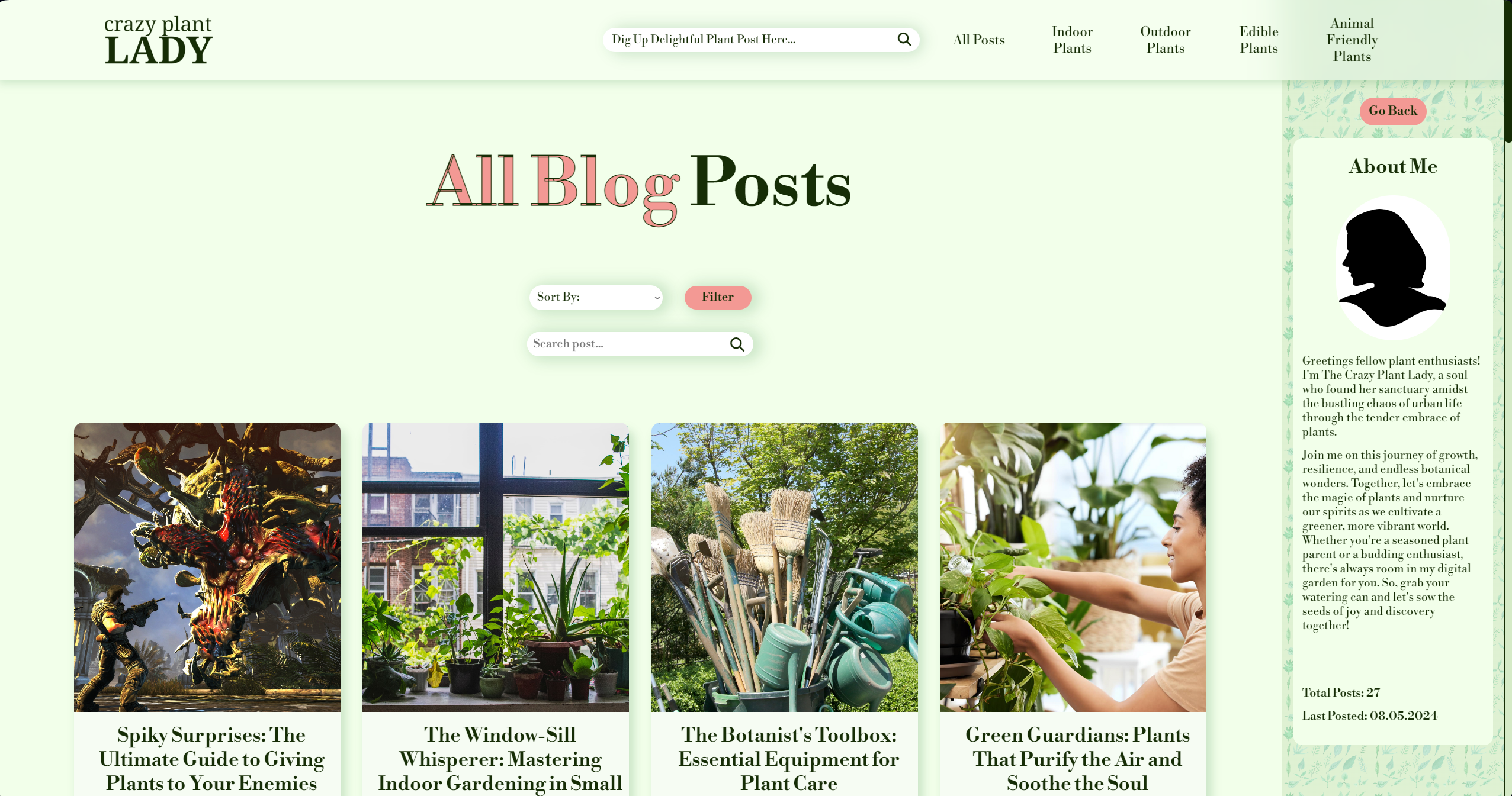 A Screenshot of the PC version of a website called 'Crazy Plant Lady', featuring all blog posts, with the possibility to search for blogs, and filter through them.