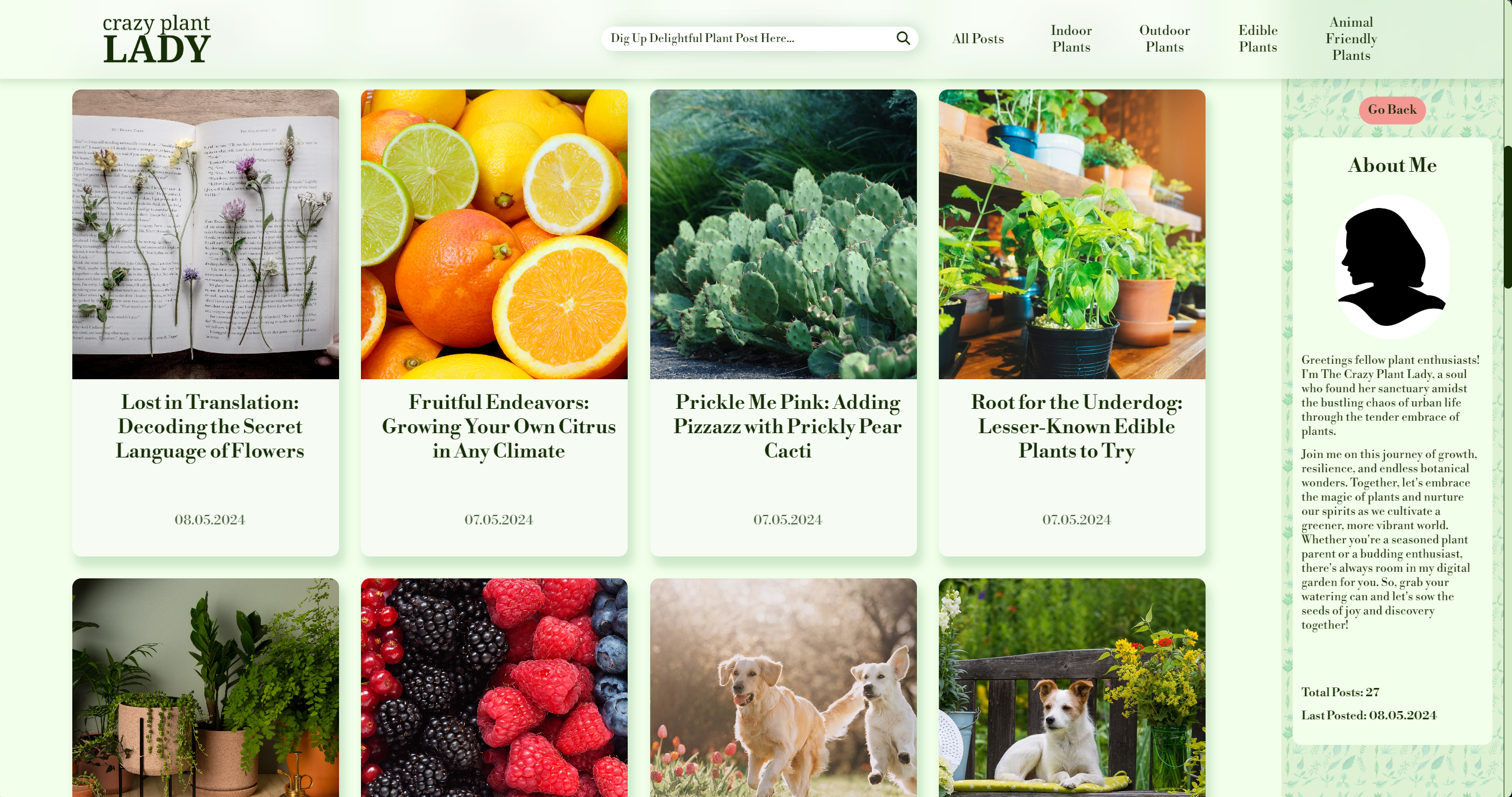 A Screenshot of the PC version of a website called 'Crazy Plant Lady', featuring all blog posts, with multiple posts on top of each other, four in a row.