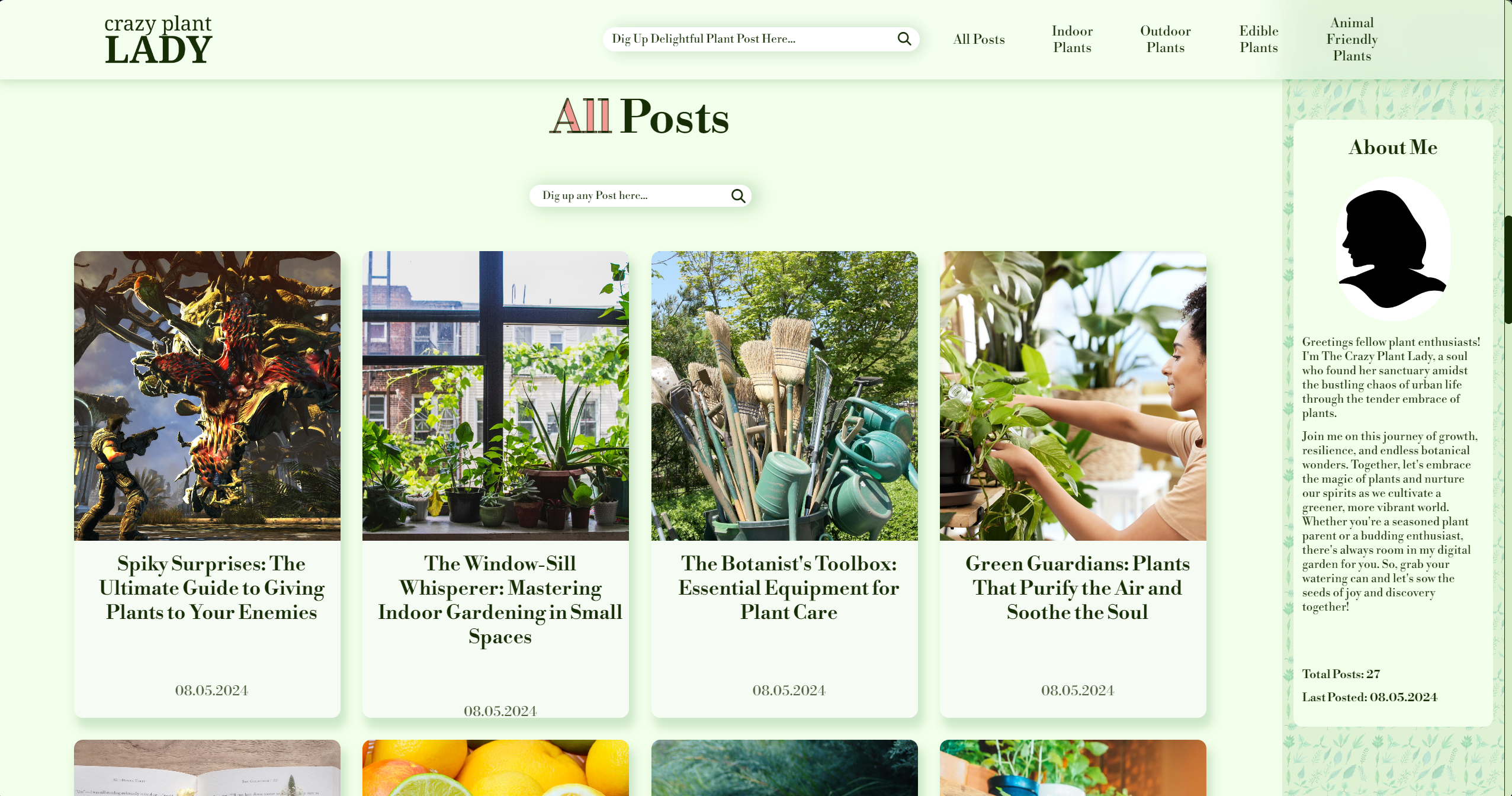 A Screenshot of the PC version of a website called 'Crazy Plant Lady', featuring four in a row posts, with more underneath them, each post about plants and plant tips.