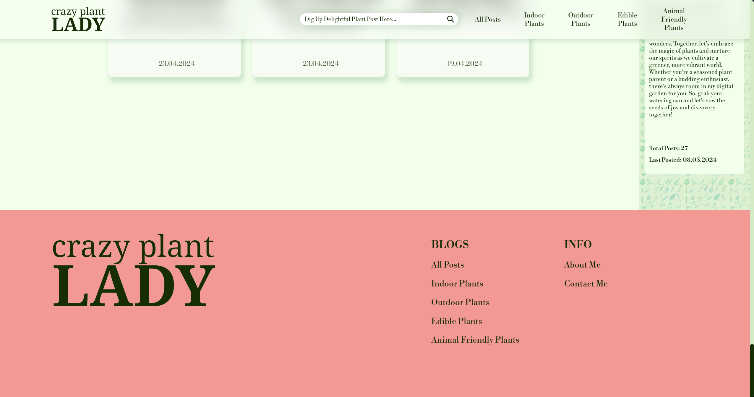 A Screenshot of the PC version of a website called 'Crazy Plant Lady', featuring the websites footer, a bright pink footer with the websites Logo to the left, and two rows of links to the right.