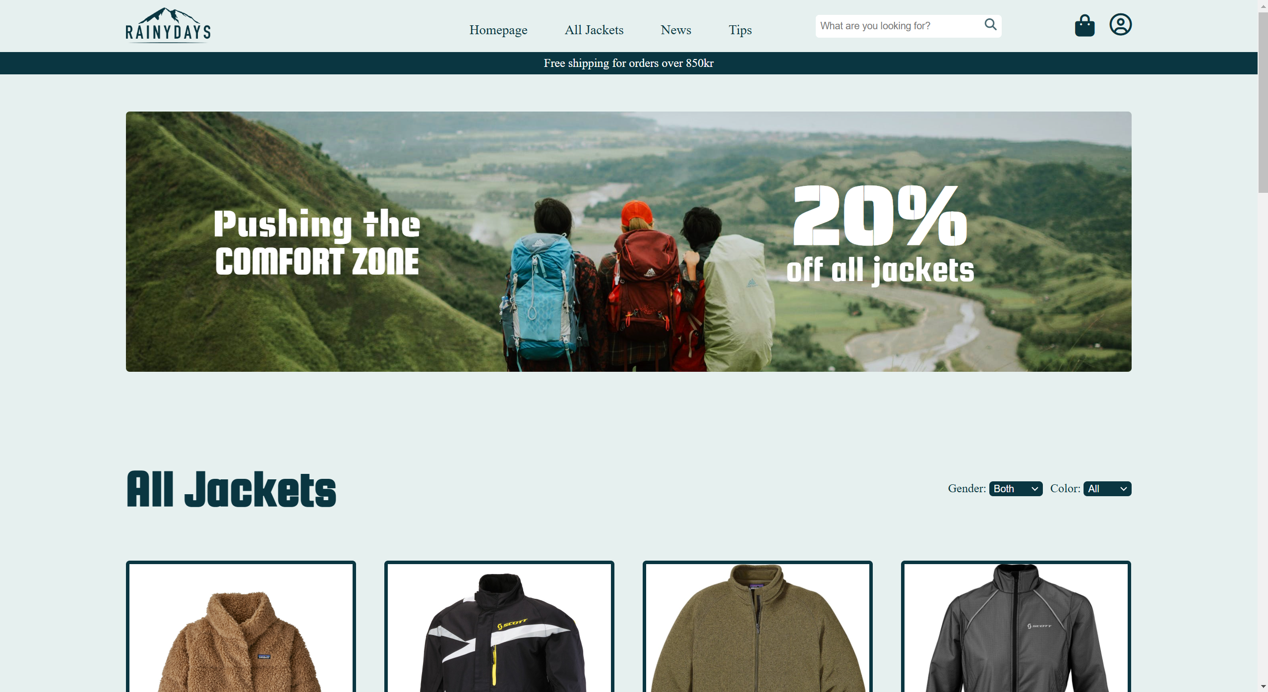 An image of the All Jackets page for Rainy Days, showing a row of jackets