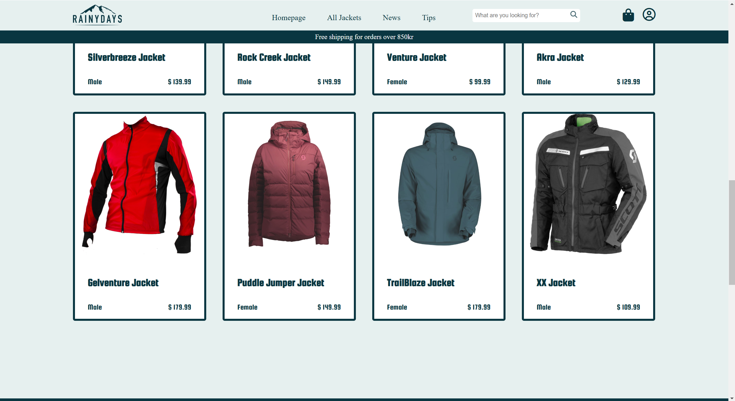 An image of the All Jackets page for Rainy Days, showing the end of rows of jackets.