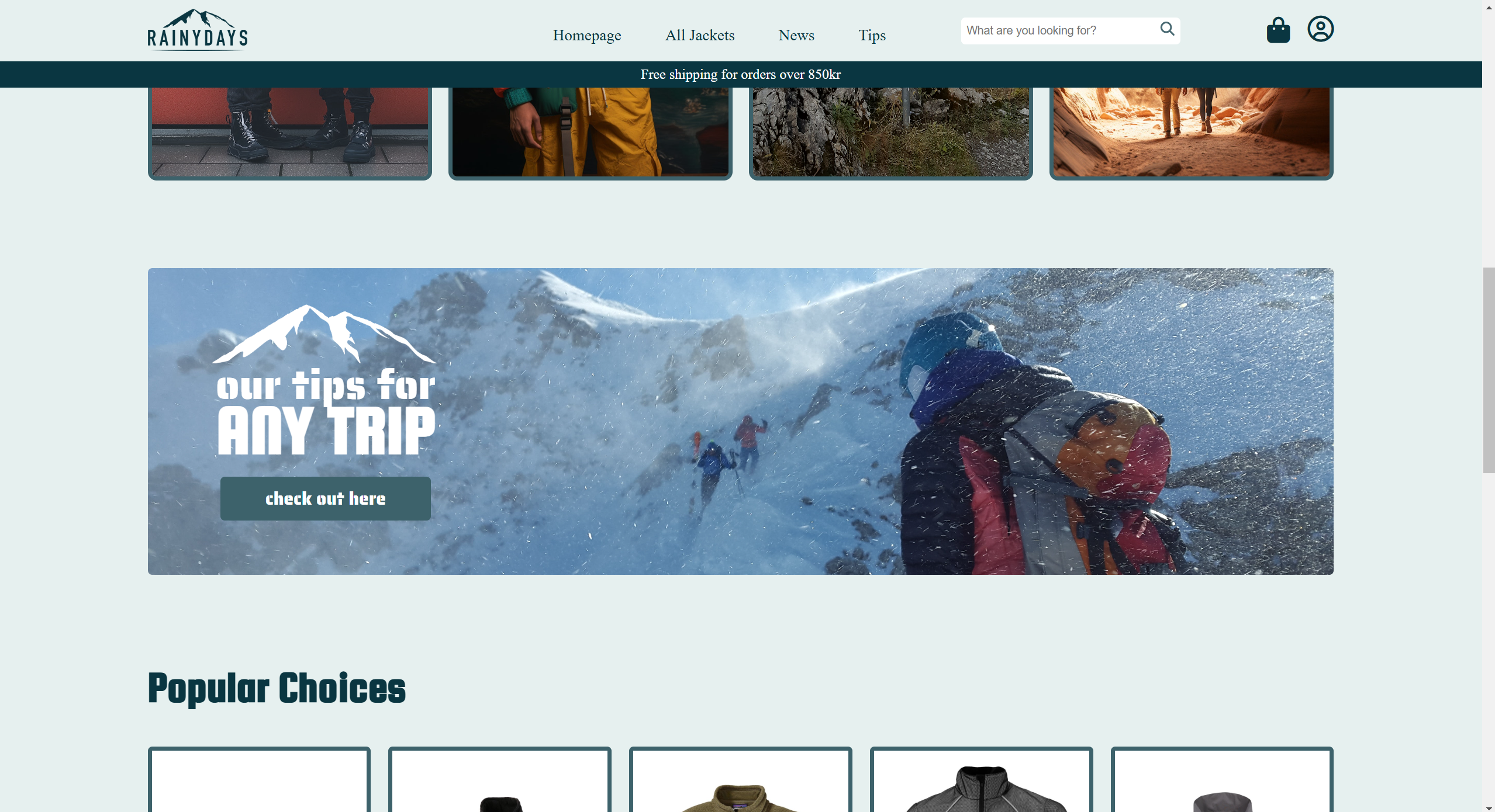 An image of a homepage to Rainy days, showing a banner of snowy landscape.