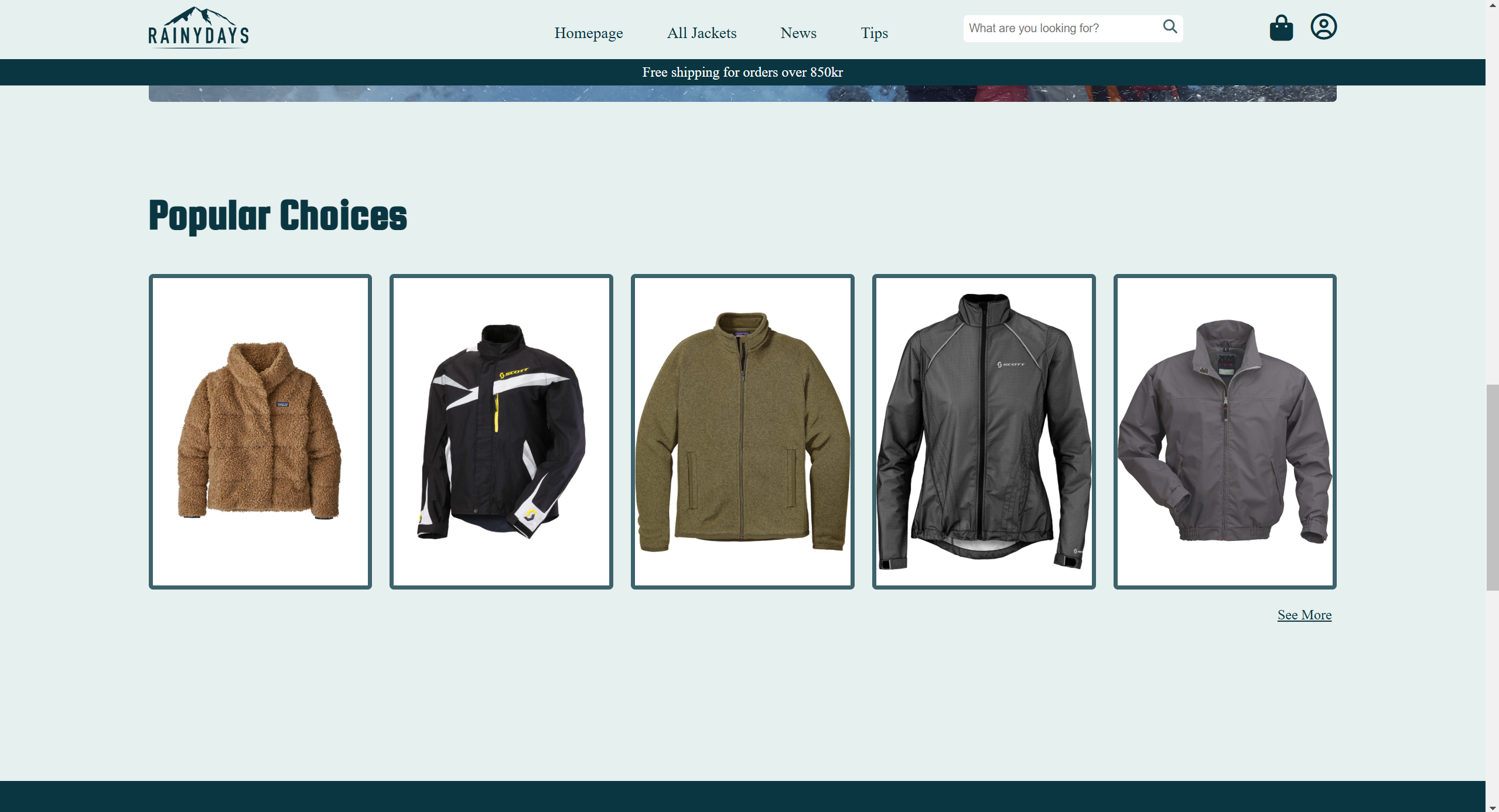 An image of a homepage to Rainy days, showing the featured jacket list.