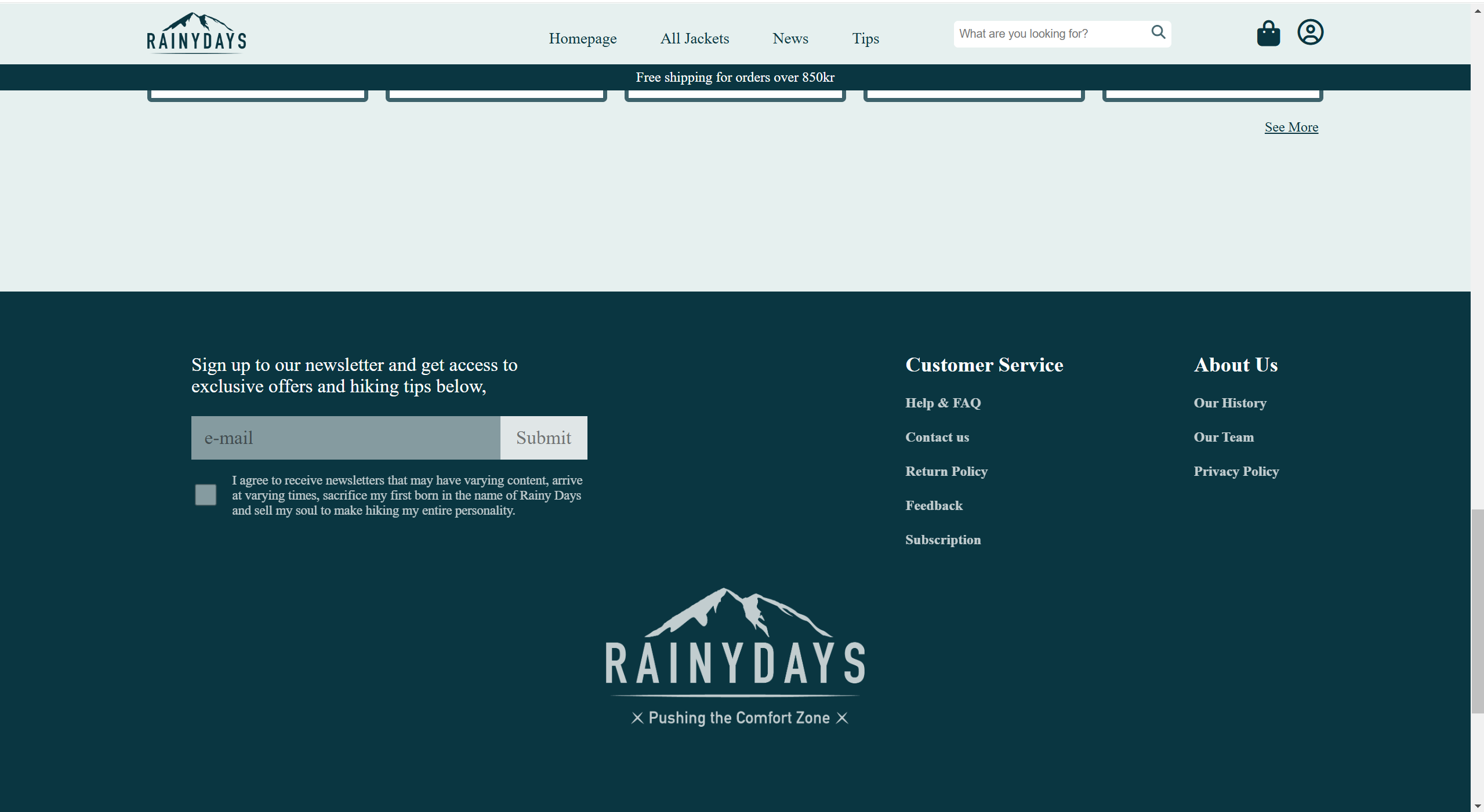 An image of a homepage to Rainy days, showing the webpages footer.