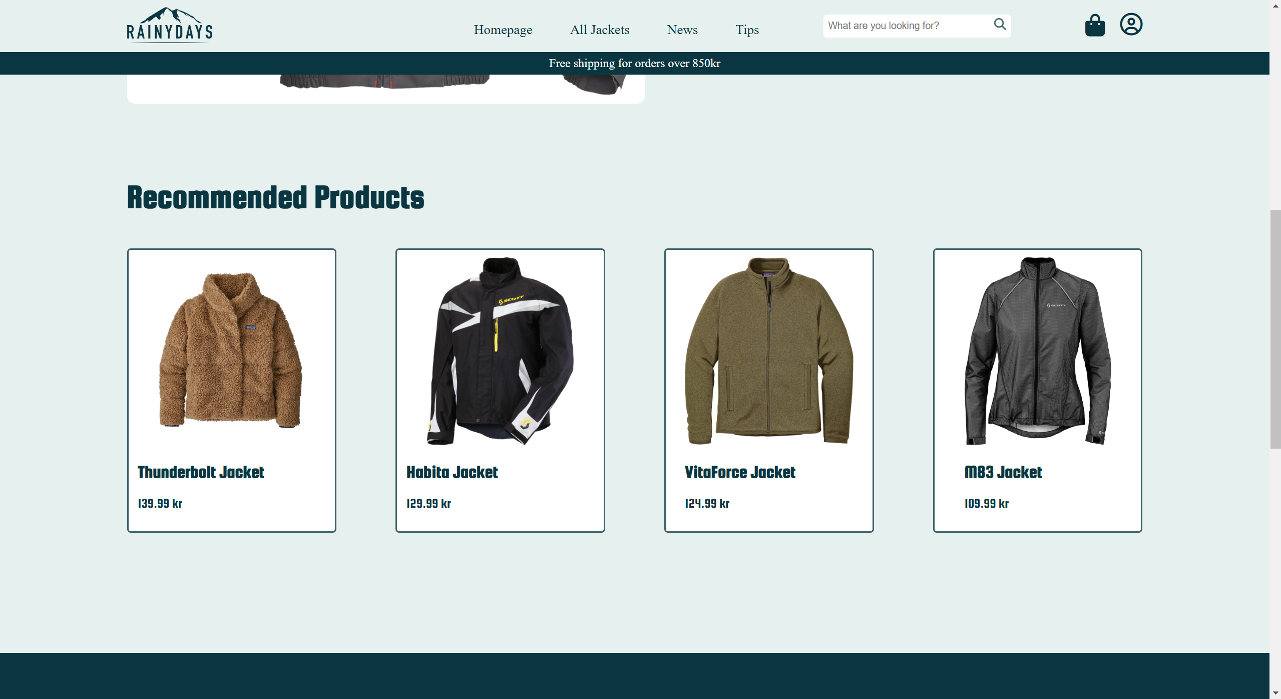 An image of the product details page of Rainy Days, showing the recommended section with a row of five recommended jackets.