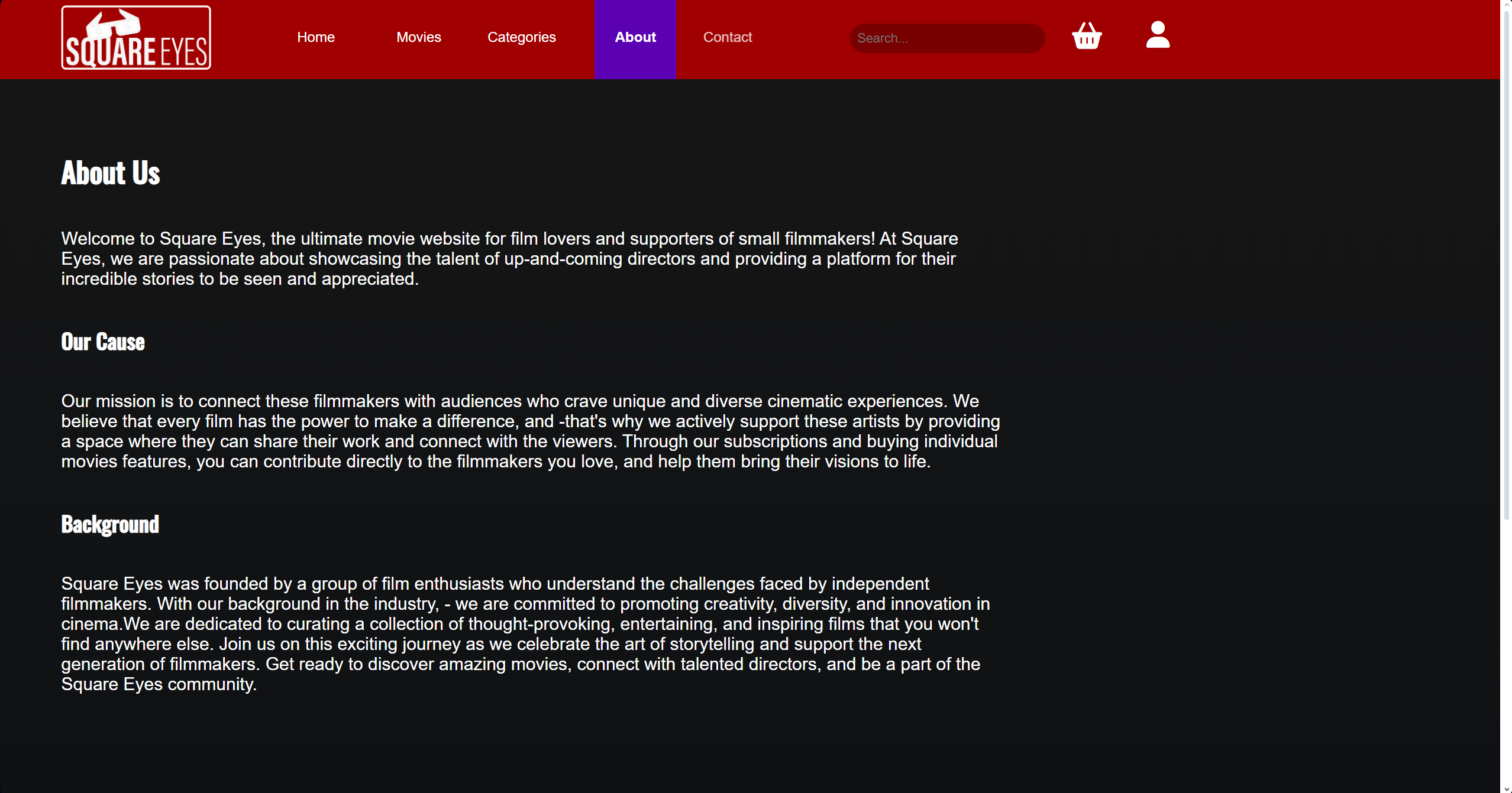 A screenshot of a website called 'Square Eyes', featuring its 'About Us' page. The Website has three main titles and a lot of information underneath each section.