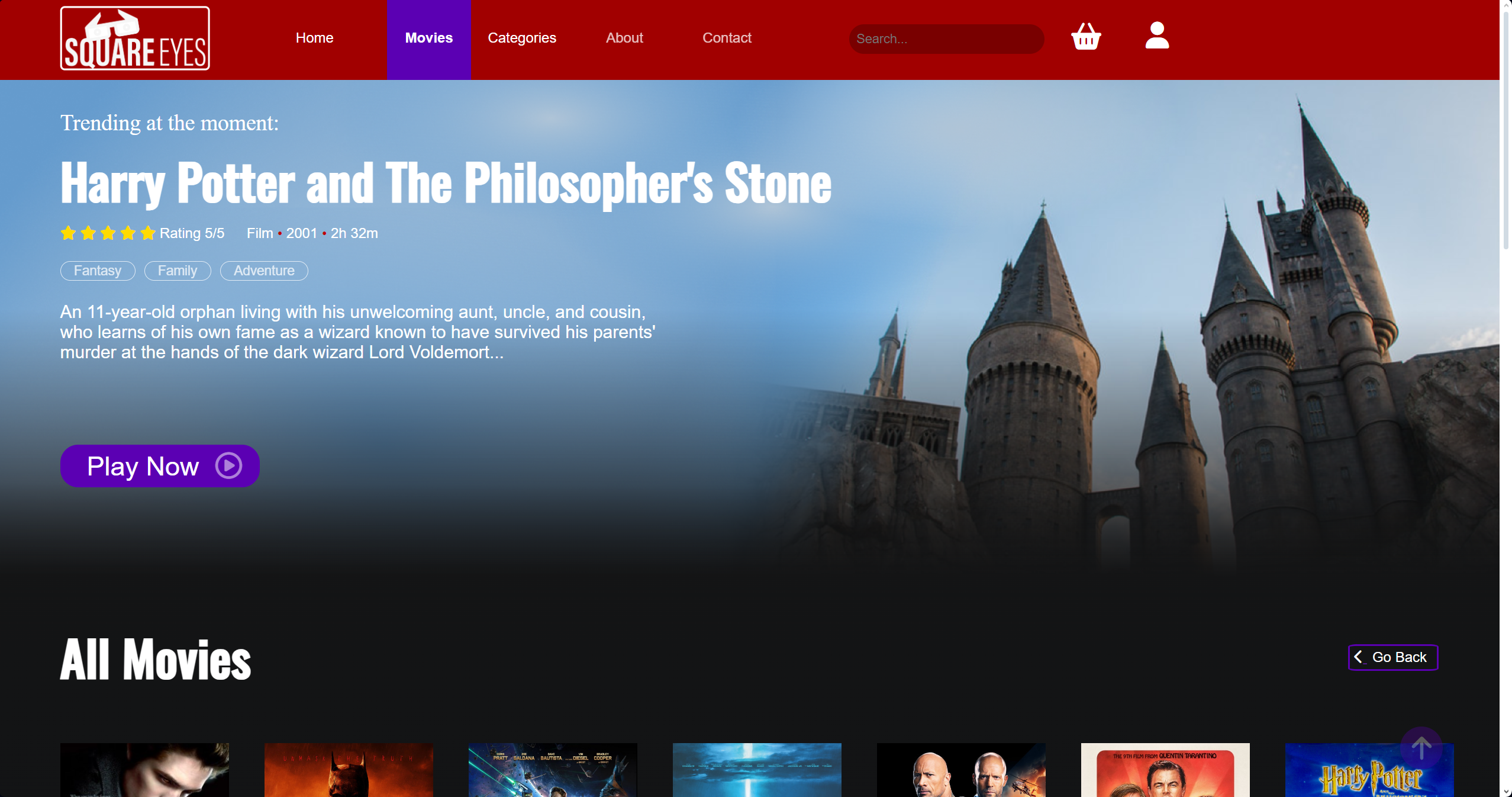 A screenshot of a website called 'Square Eyes', featuring its 'All Movies' page. The website include a big section for 'trendy content', that being a movie called 'Harry Potter and The Philosopher's Stone' with a 5/5 rating. The site provides details about the film's genre, duration, and plot summary.