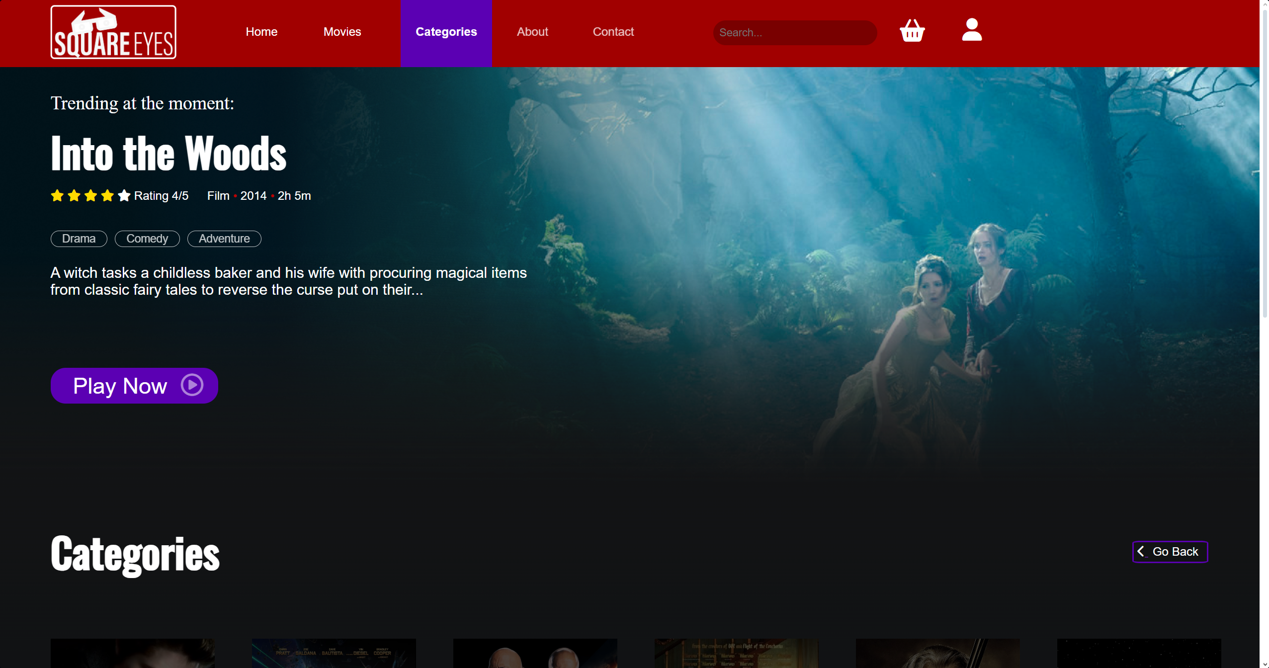 A screenshot of a website called 'Square Eyes', featuring its 'Category' page. The website include a big section for 'trendy content', that being a movie called 'Into the Woods' with a 4/5 rating, released in 2014, and falling under genres such as Drama, Comedy, and Adventure.