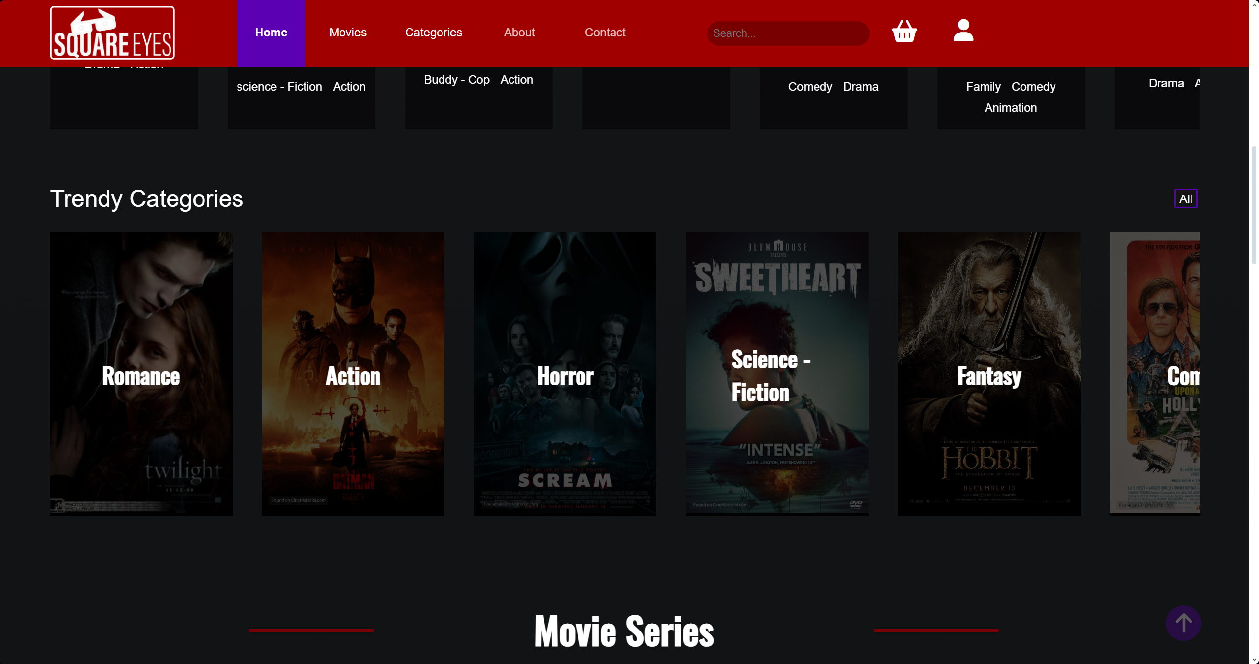 A screenshot of a website called 'Square Eyes', featuring its homepage. The webpage inlcude different movie categories like science fiction, action, comedy, drama, animation, romance, horror, and fantasy.