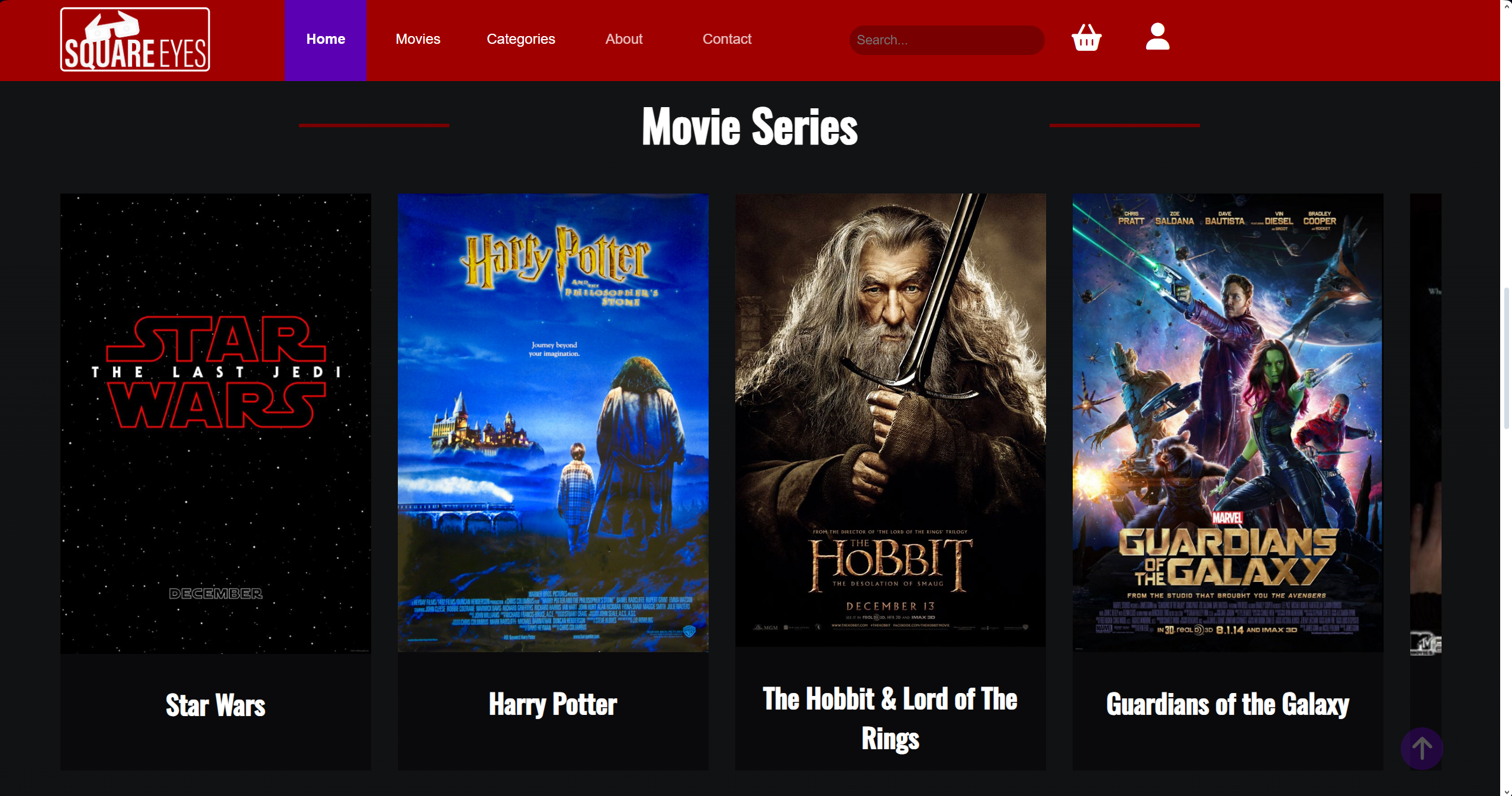 A screenshot of a website called 'Square Eyes', featuring its homepage. The webpage inlcude various movie series like 'Harry Potter', 'Star Wars', 'The Hobbit', 'Guardians of the Galaxy', and more.