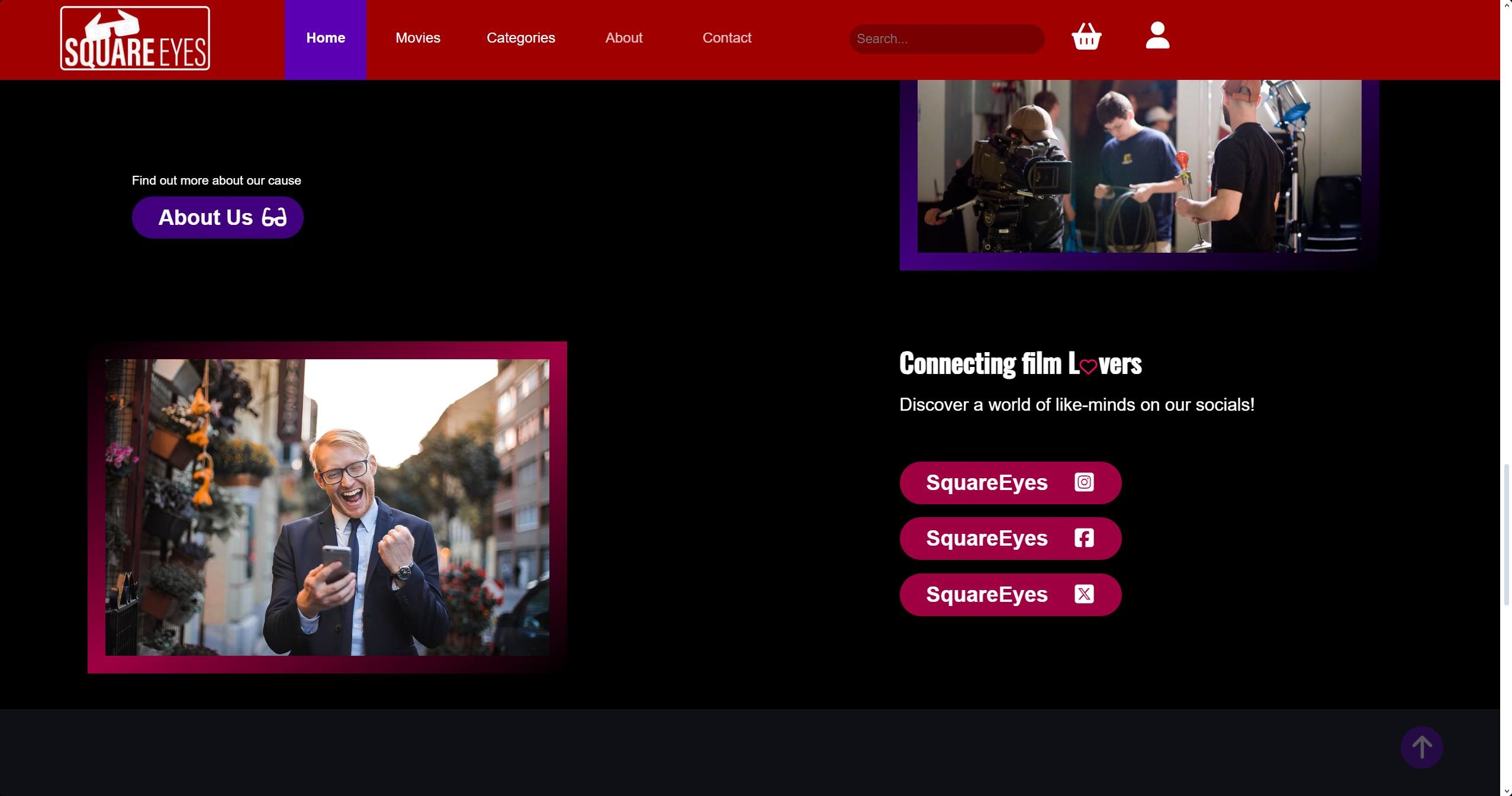 A screenshot of a website called 'Square Eyes', featuring its homepage. The website promotes discovering interesting films and connecting film lovers.