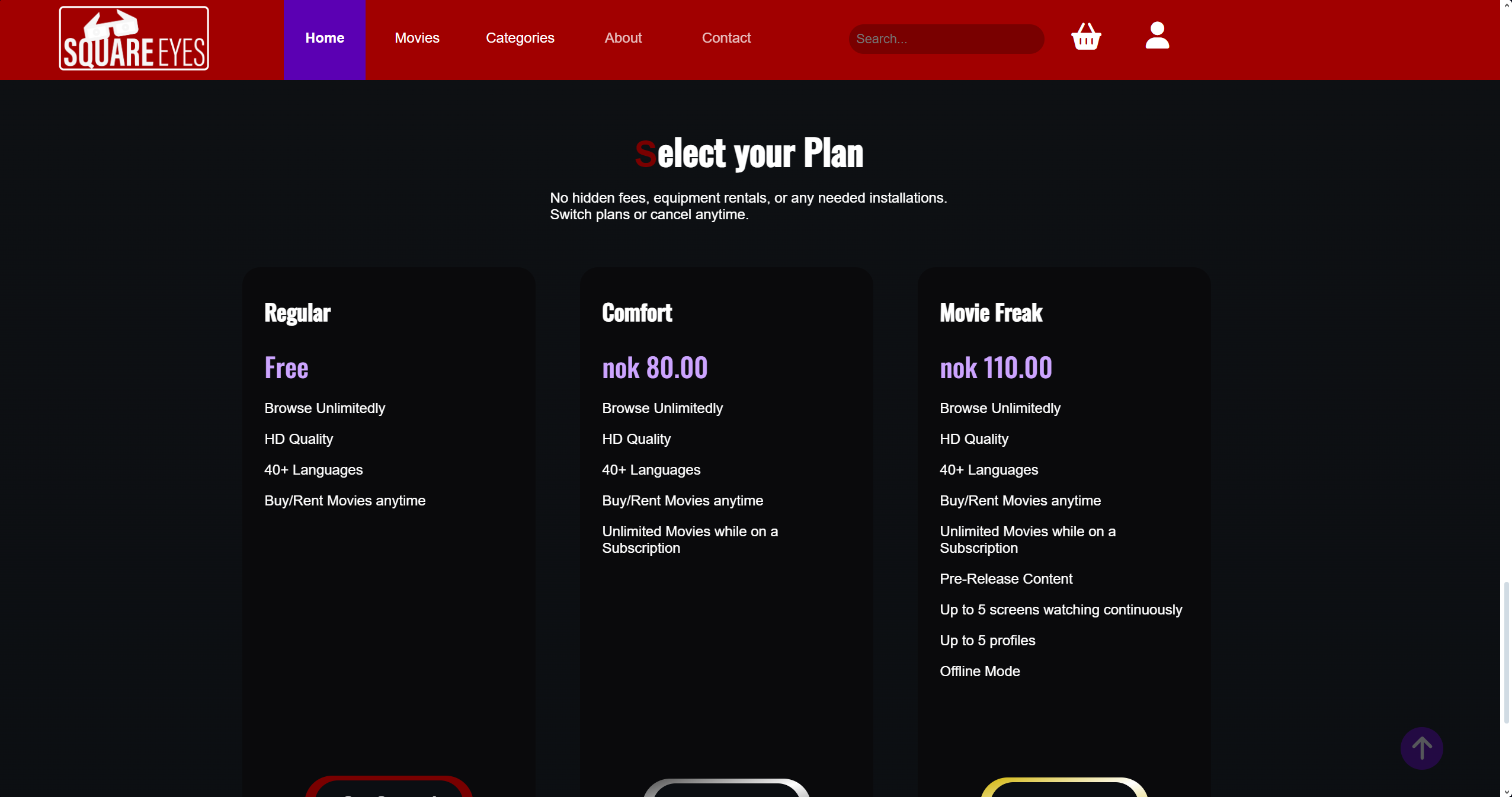 A screenshot of a website called 'Square Eyes', featuring its homepage. The website promotes three different subsription plans, 'Regular', 'Comfort' and 'Movie Freak'.